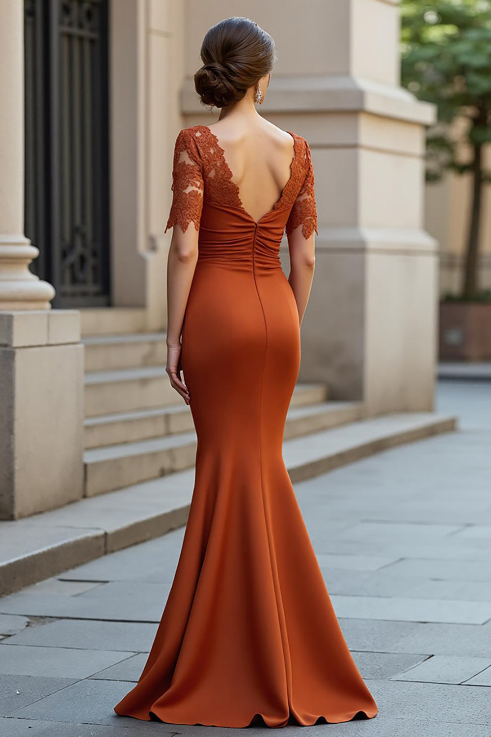 Satin Mermaid Square Neck Rust Long Mother of the Bride Dress with Lace Appliques