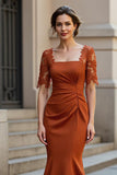 Satin Mermaid Square Neck Rust Long Mother of the Bride Dress with Lace Appliques