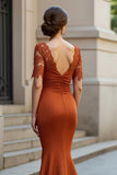 Satin Mermaid Square Neck Rust Long Mother of the Bride Dress with Lace Appliques