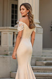 Long Stretch Satin Mermaid Off the Shoulder Champagne Mother of the Bride Dress with Lace Appliques