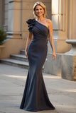 Black One Shoulder Ruched Satin Mermaid Mother of the Bride Dress with 3D Flower