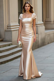 Champagne Long Mermaid Square Neck Mother of the Bride Dress with Lace