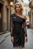Black Chiffon Sheath Asymmetrical Mother of the Bride Dress with Lace Appliques