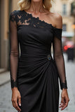 Black Chiffon Sheath Asymmetrical Mother of the Bride Dress with Lace Appliques
