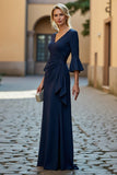 Navy V-Neck Ruched Stretch Satin Mermaid Mother of the Bride Dress