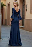 Navy V-Neck Ruched Stretch Satin Mermaid Mother of the Bride Dress