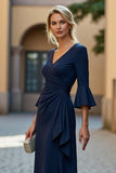 Navy V-Neck Ruched Stretch Satin Mermaid Mother of the Bride Dress