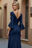 Navy V-Neck Ruched Stretch Satin Mermaid Mother of the Bride Dress