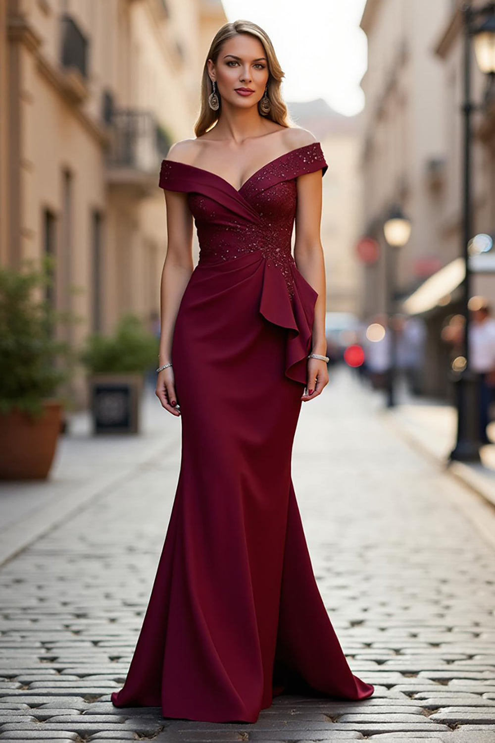 Mermaid Long Stretch Satin Burgundy Mother of the Bride Dress with Beading