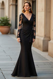 Mermaid V-Neck Long Pine Mother of the Bride Dress with Lace Appliques