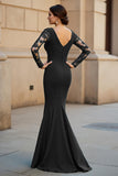 Mermaid V-Neck Long Pine Mother of the Bride Dress with Lace Appliques