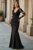 Mermaid V-Neck Long Pine Mother of the Bride Dress with Lace Appliques