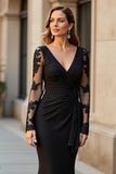 Mermaid V-Neck Long Pine Mother of the Bride Dress with Lace Appliques