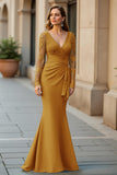 Mermaid V-Neck Long Pine Mother of the Bride Dress with Lace Appliques