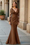 Mermaid V-Neck Long Pine Mother of the Bride Dress with Lace Appliques