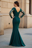 Mermaid V-Neck Long Pine Mother of the Bride Dress with Lace Appliques