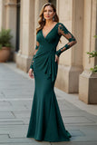 Mermaid V-Neck Long Pine Mother of the Bride Dress with Lace Appliques