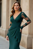 Mermaid V-Neck Long Pine Mother of the Bride Dress with Lace Appliques