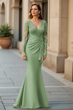 Mermaid V-Neck Long Pine Mother of the Bride Dress with Lace Appliques