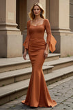 Sunset Long Stretch Satin Mermaid Square Neck Mother of the Bride Dress with Lace Appliques