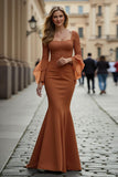 Sunset Long Stretch Satin Mermaid Square Neck Mother of the Bride Dress with Lace Appliques