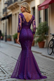 Mermaid V-Neck Plum Mother of the Bride Dress with Lace Appliques