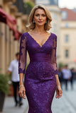 Mermaid V-Neck Plum Mother of the Bride Dress with Lace Appliques