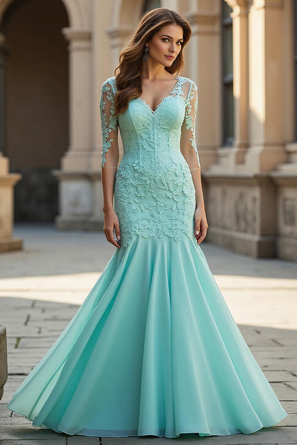 Mermaid V-Neck Long Light Blue Mother of the Bride Dress with Lace Appliques