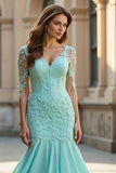Mermaid V-Neck Long Light Blue Mother of the Bride Dress with Lace Appliques