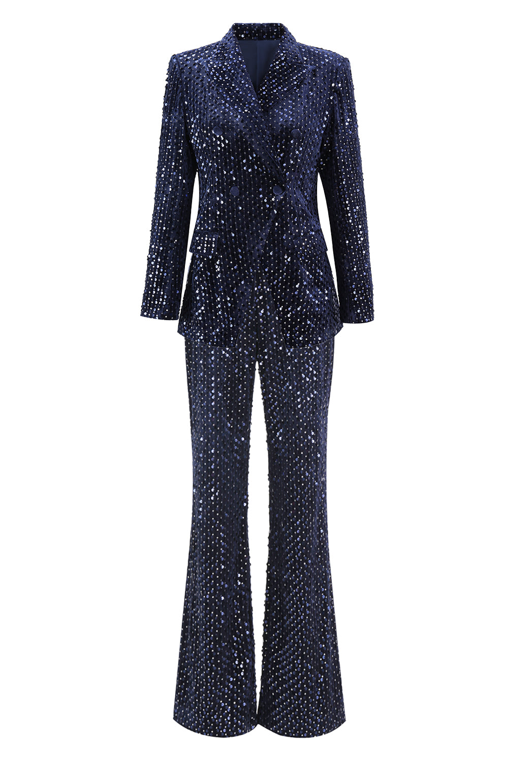 2 Piece Sequin Peak Lapel Double Breasted Navy Women's Prom Suit