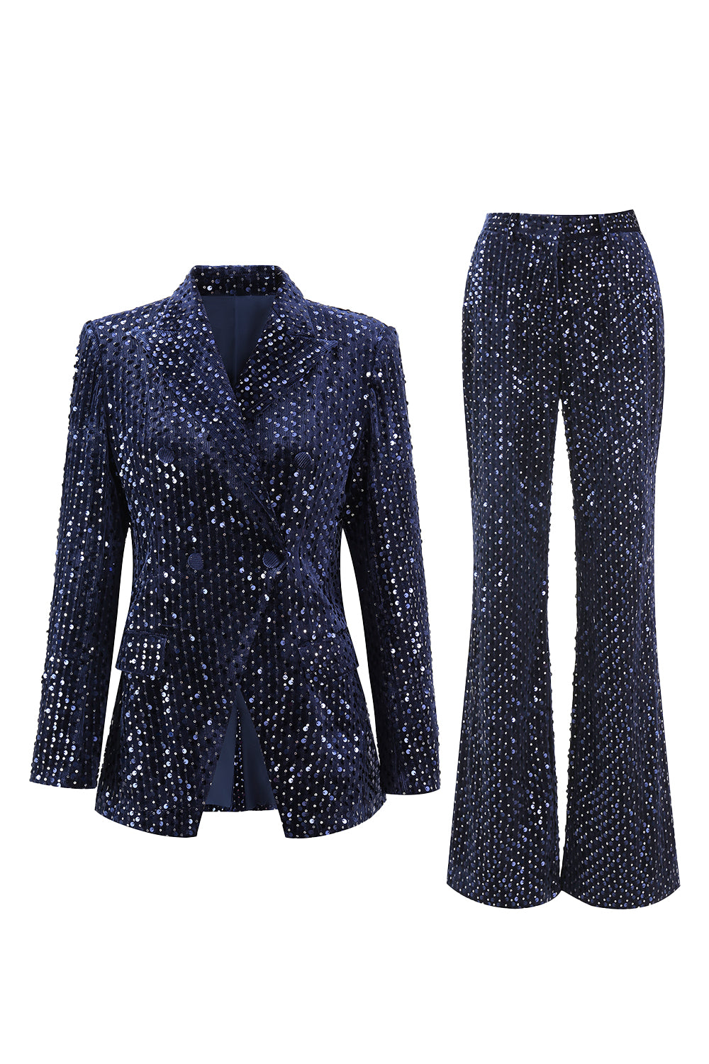 2 Piece Sequin Peak Lapel Double Breasted Navy Women's Prom Suit