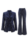 2 Piece Sequin Peak Lapel Double Breasted Navy Women's Prom Suit