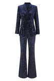 2 Piece Sequin Peak Lapel Double Breasted Navy Women's Prom Suit