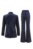 2 Piece Sequin Peak Lapel Double Breasted Navy Women's Prom Suit