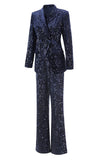 2 Piece Sequin Peak Lapel Double Breasted Navy Women's Prom Suit