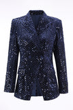 2 Piece Sequin Peak Lapel Double Breasted Navy Women's Prom Suit