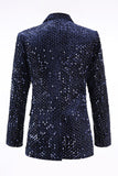 2 Piece Sequin Peak Lapel Double Breasted Navy Women's Prom Suit