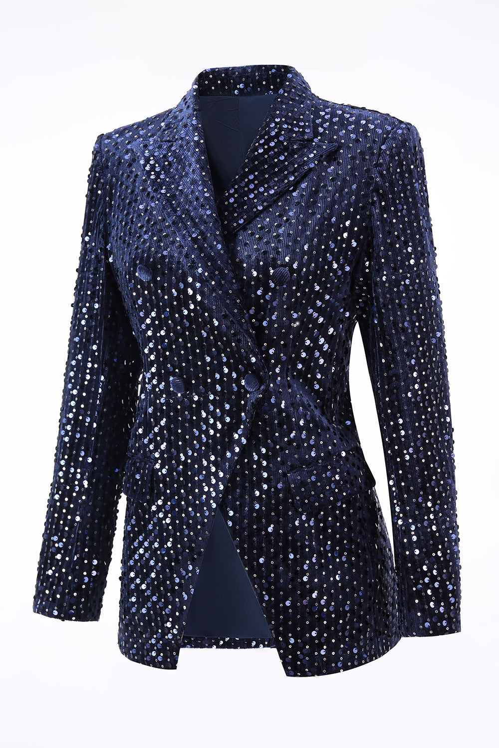 2 Piece Sequin Peak Lapel Double Breasted Navy Women's Prom Suit