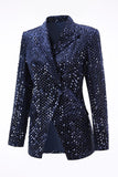 2 Piece Sequin Peak Lapel Double Breasted Navy Women's Prom Suit