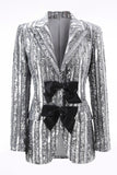 Sparkly Silver Grey Peak Lapel Women's Prom Blazer with Bows