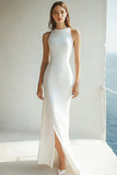 Simple Sheath Satin Ivory Engagement Dress with Slit