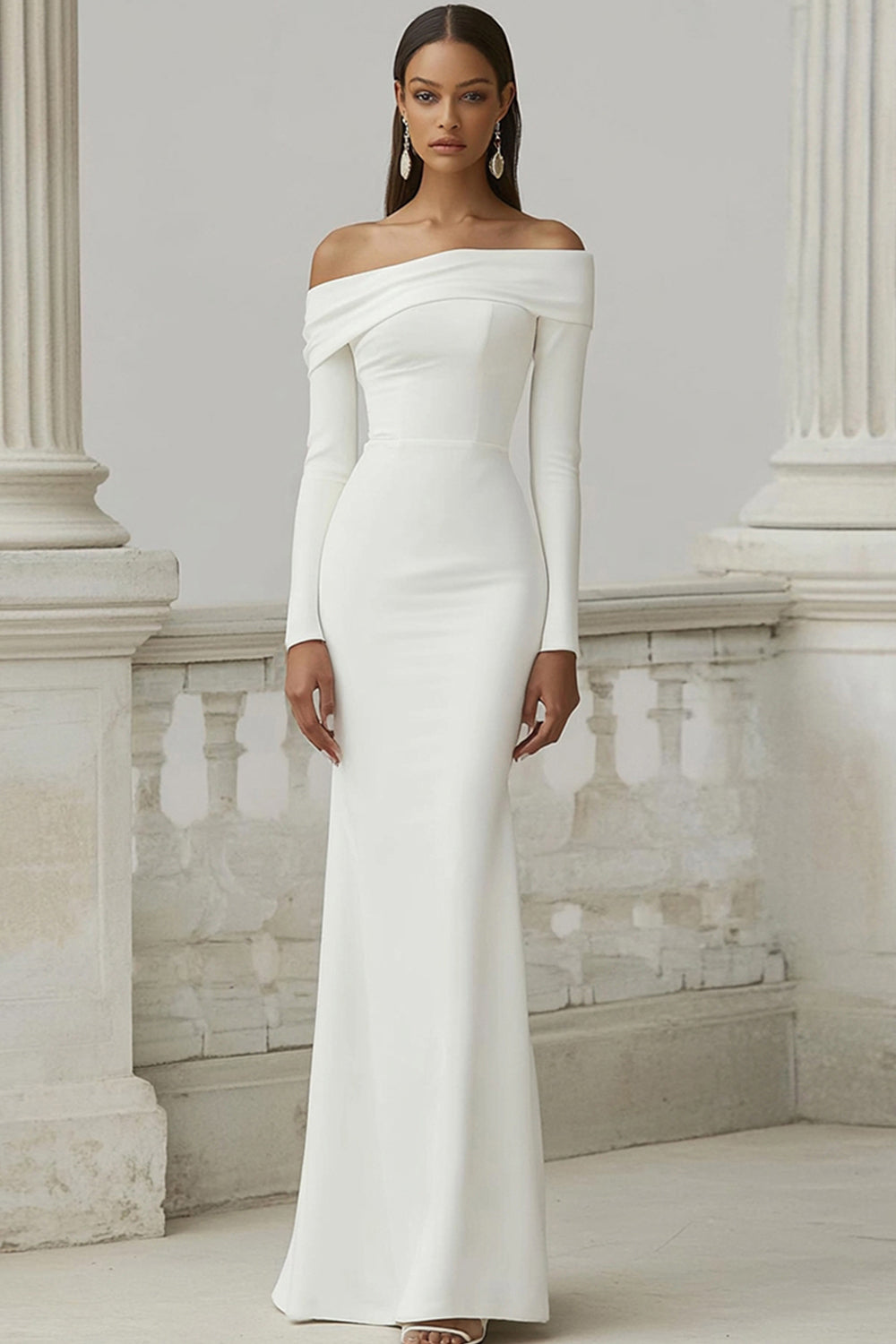 Ivory Matte Satin Sheath Off the Shoulder Engagament Dress