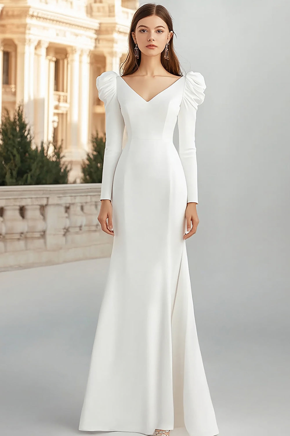 V Neck Ivory Sheath Satin Engagement Dress with Long Sleeves