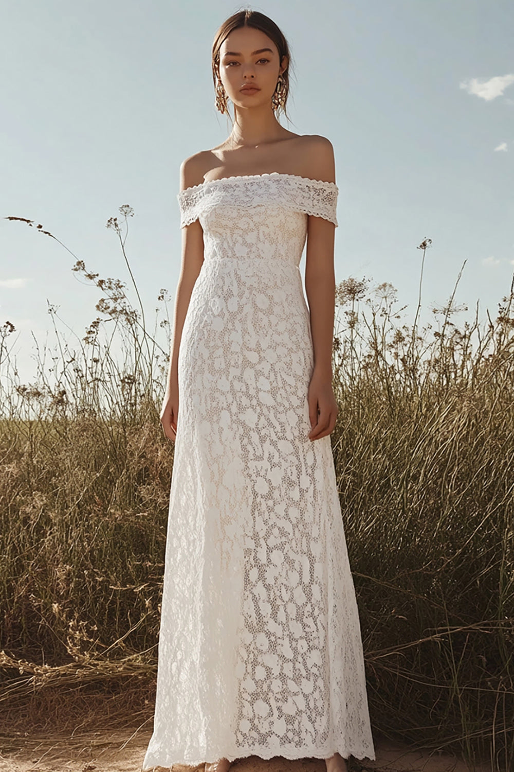Ivory Lace Sheath Off the Shoulder Long Rehearsal Dinner Dress