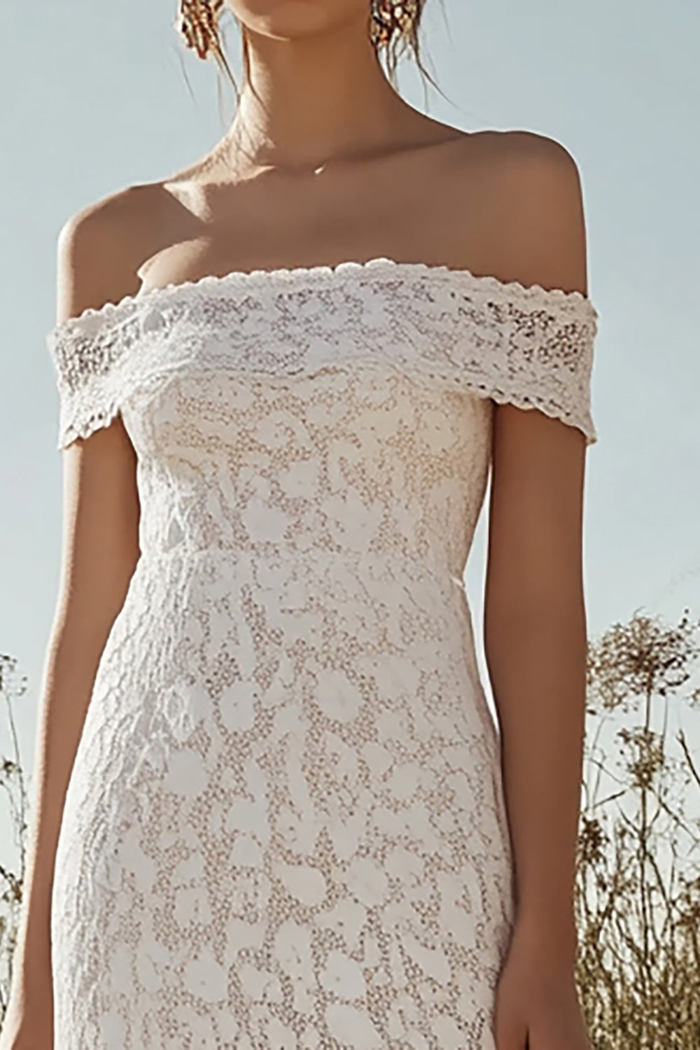 Ivory Lace Sheath Off the Shoulder Long Rehearsal Dinner Dress