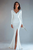 Ivory Long Sleeves Mermaid Satin Engagement Dress with Slit