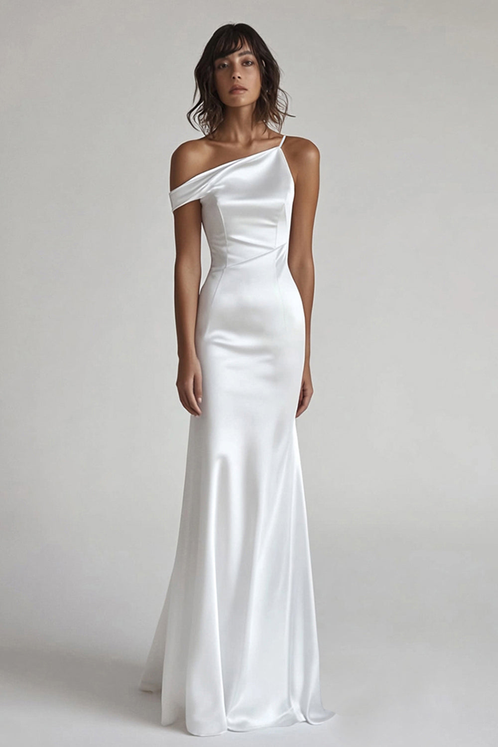 Ivory Satin One Shoulder Mermaid Long Rehearsal Dinner Dress