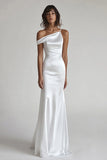 Ivory Satin One Shoulder Mermaid Long Rehearsal Dinner Dress