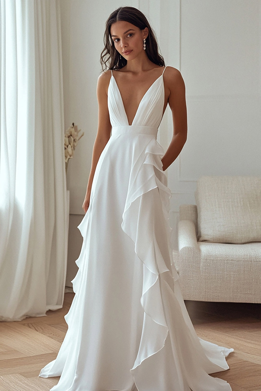 Ivory Chiffon Deep V-Neck Long Rehearsal Dinner Dress with Ruffles