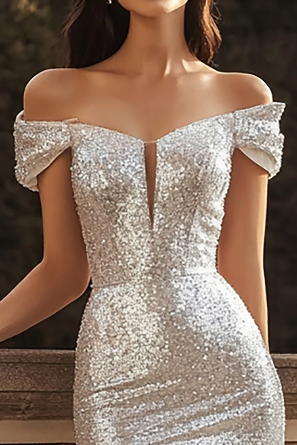 Silver Sequins Sheath Off the Shoulder Long Engagement Dress with Slit